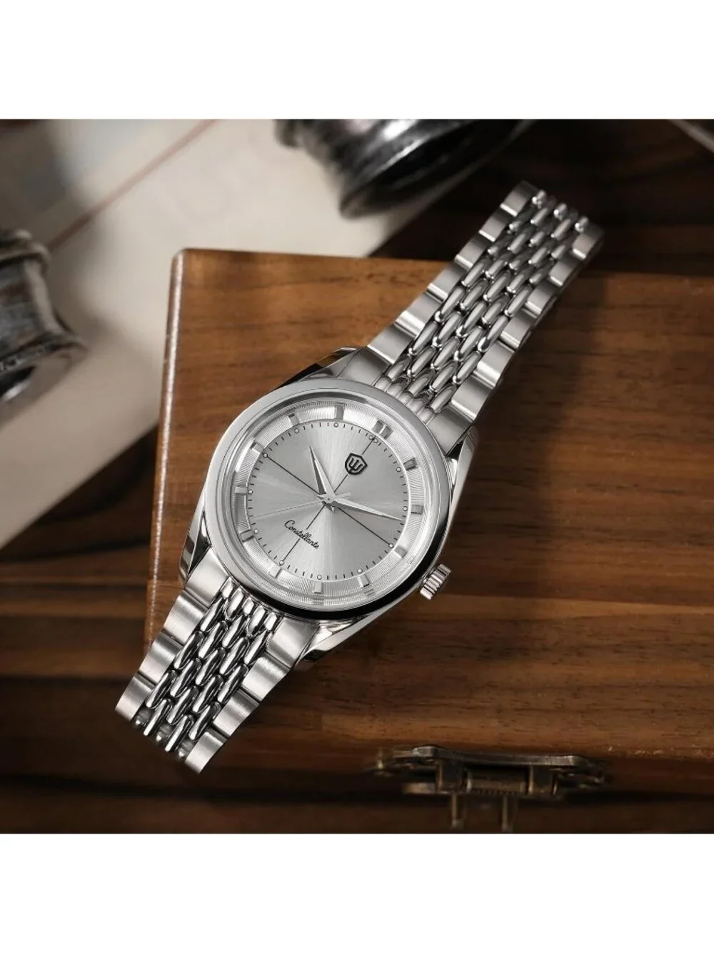 Men's Sunray Silver/ Sapphire-OTF Clasp Crystal Arctic 36mm VH31 Quartz Watch
